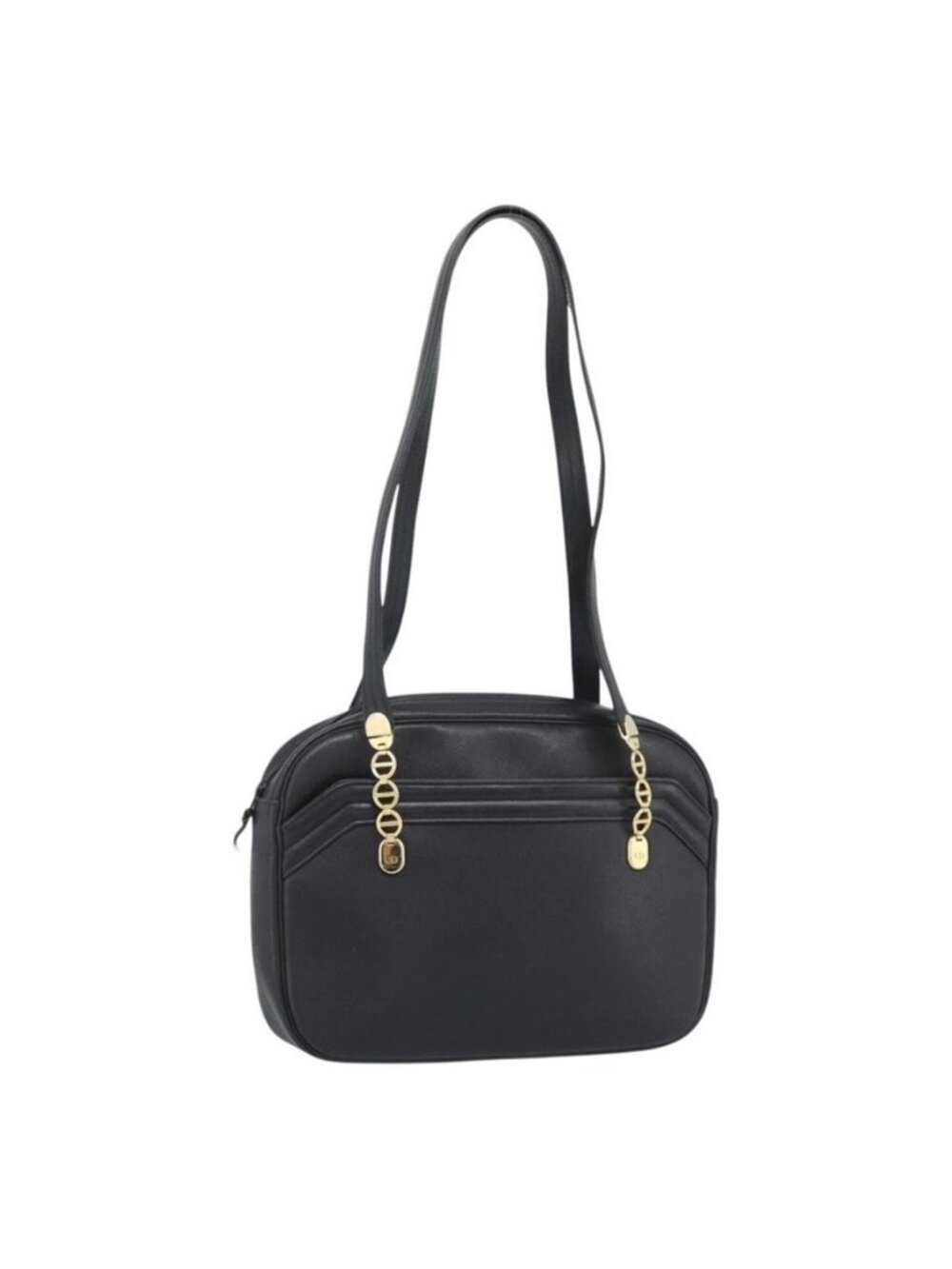 Authentic Christian Dior Shoulder Bag Leather Black Gold